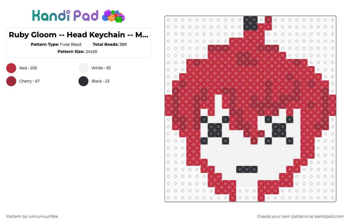 Ruby Gloom -- Head Keychain -- RUBY GLOOM - Fuse Bead Pattern by runrun4urlifee on Kandi Pad - red,cartoon,kids,ruby gloom,doom kitty,gloomsville,ruby,gloom,anime
