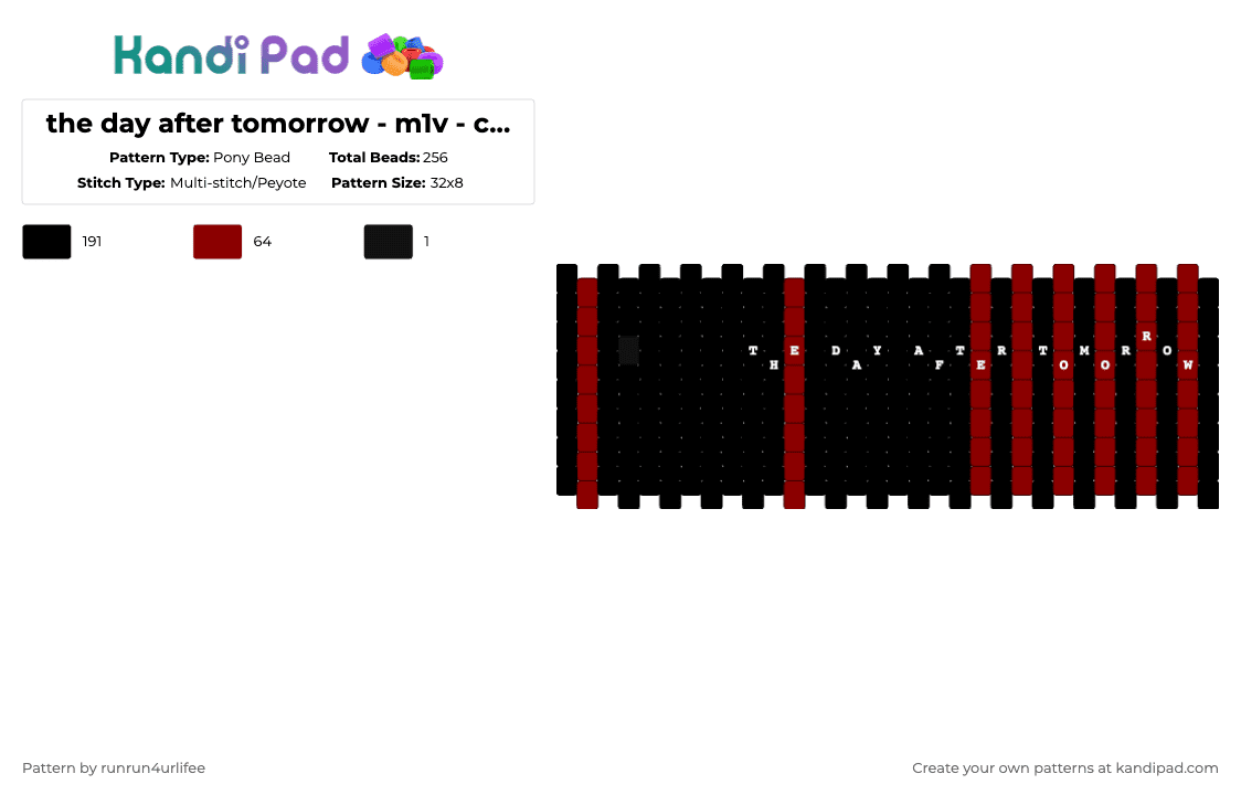 the day after tomorrow - m1v - childhood dementia - Album - Multi Stitch/Peyote - Pony Bead Pattern by runrun4urlifee on Kandi Pad - black,the day after tomorrow,m1v,made1vvvonder,lonegore,childhood dementia,song album,song,music