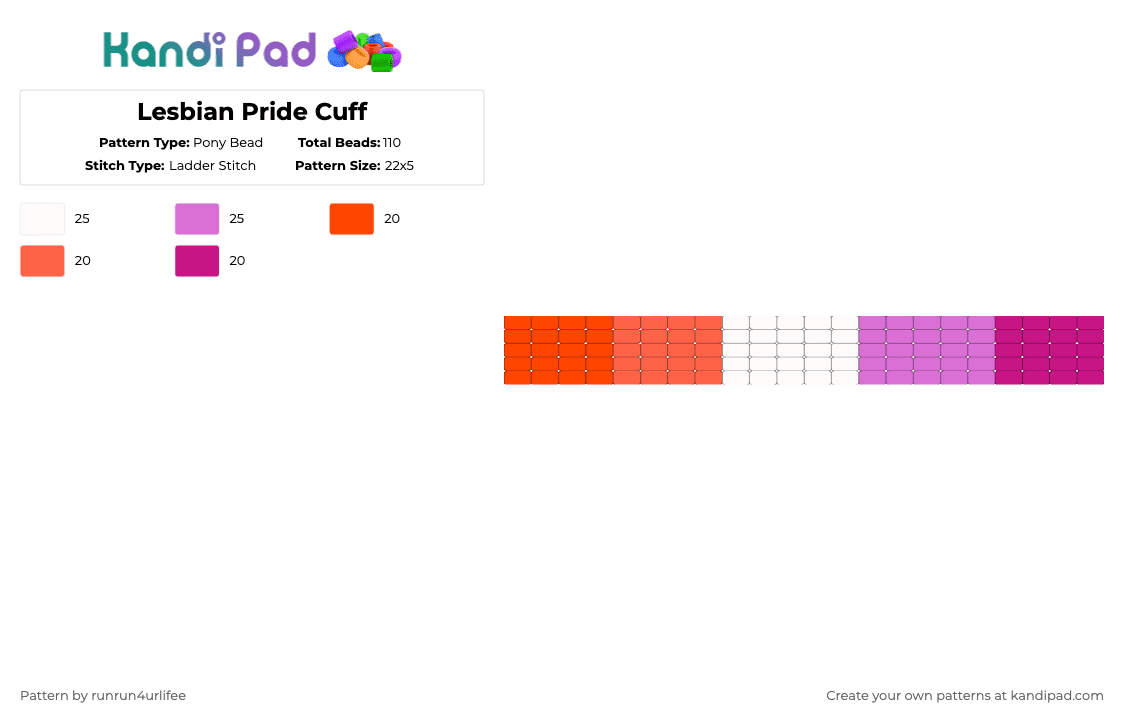 Lesbian Pride Cuff - Pony Bead Pattern by runrun4urlifee on Kandi Pad - red,pink,les,lesbian,pride,lgbtq,lgbtqia,cuff
