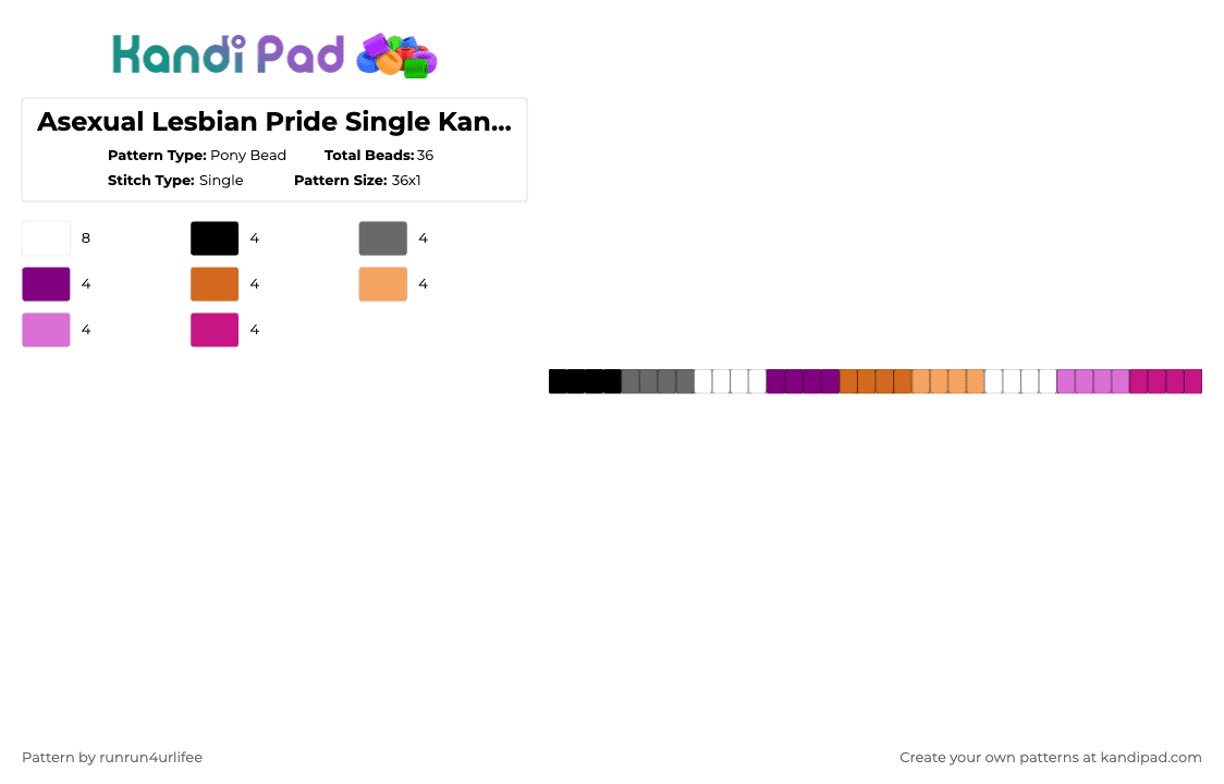 Asexual Lesbian Pride Single Kandi Bracelet - Pony Bead Pattern by runrun4urlifee on Kandi Pad - pink,orange,asexual,asexual lesbian,pride,lgbt,lgbtq,lgbtqia,lesbian,flag
