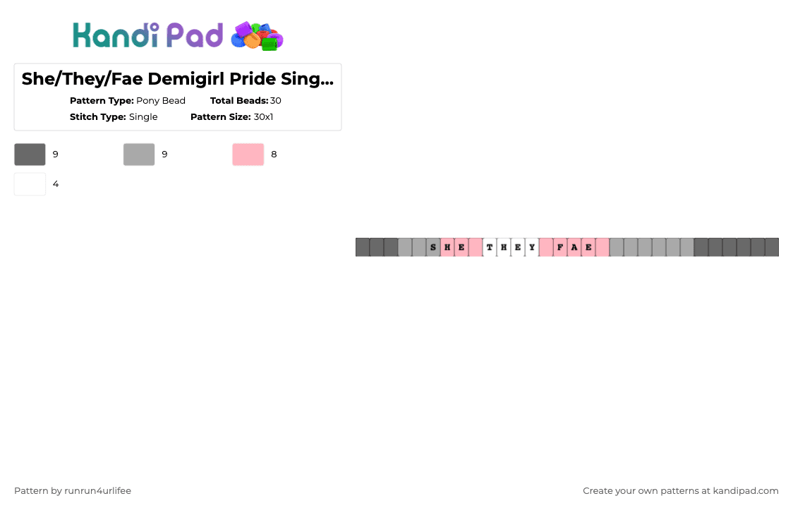 She/They/Fae Demigirl Pride Single Kandi Bracelet - Pony Bead Pattern by runrun4urlifee on Kandi Pad - gray,beige,demi girl,demigirl,lgbt,lgbtq,lgbtqia,she they fae,pronouns,pride