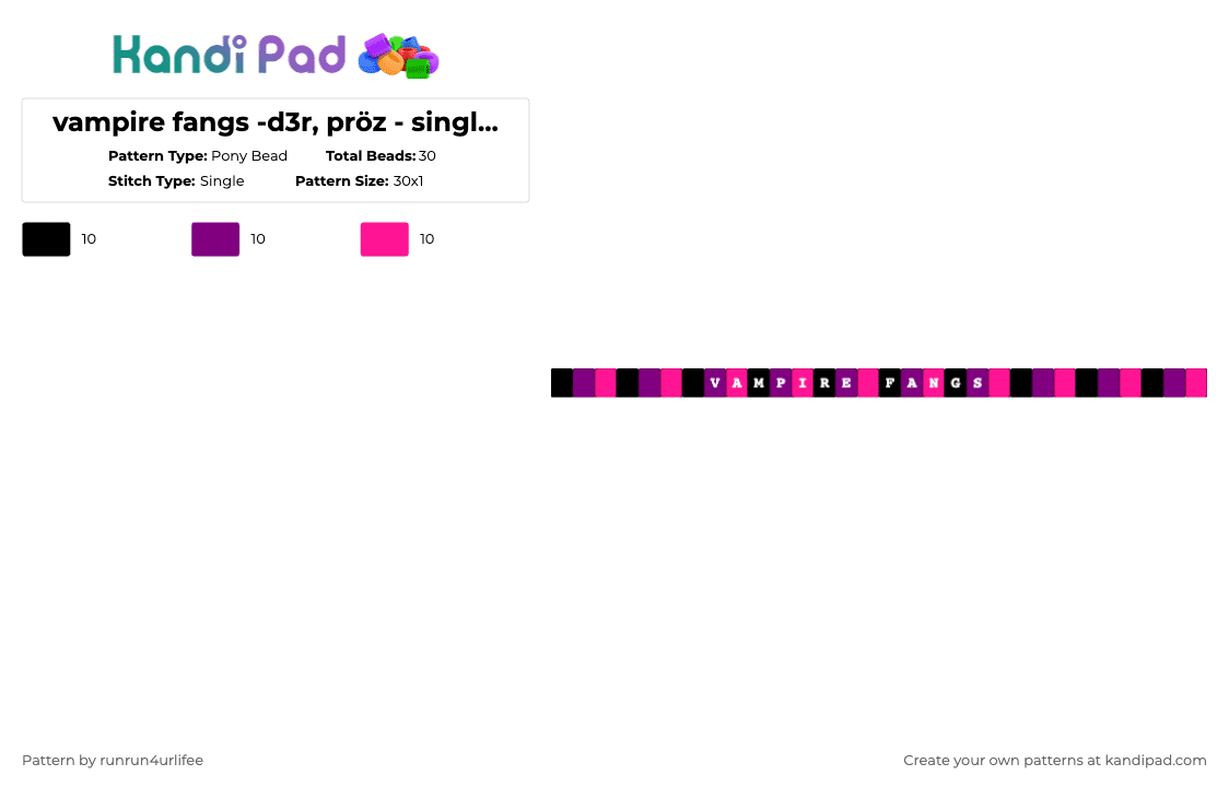 vampire fangs -d3r, pröz - single kandi bracelet - Pony Bead Pattern by runrun4urlifee on Kandi Pad - black,pink,vampire fangs,d3r,d3rcore,marry me proz,proz,song,music