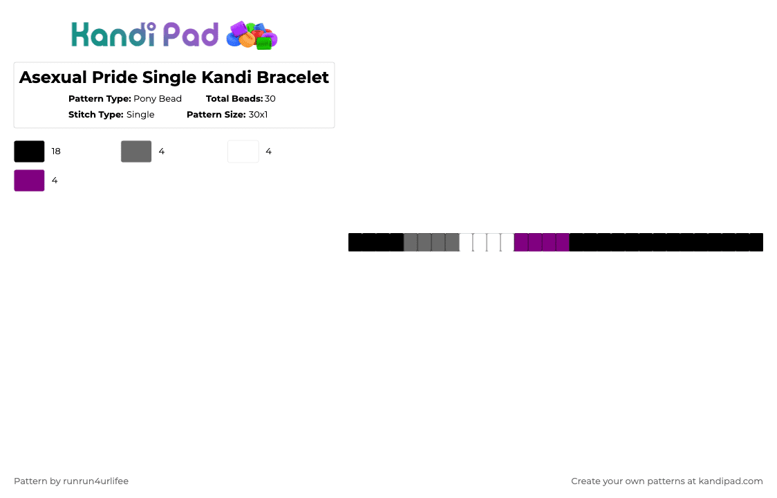 Asexual Pride Single Kandi Bracelet - Pony Bead Pattern by runrun4urlifee on Kandi Pad - black,gray,pink,asexual,pride,single,lgbt,lgbtq,lgbtqia,kandi