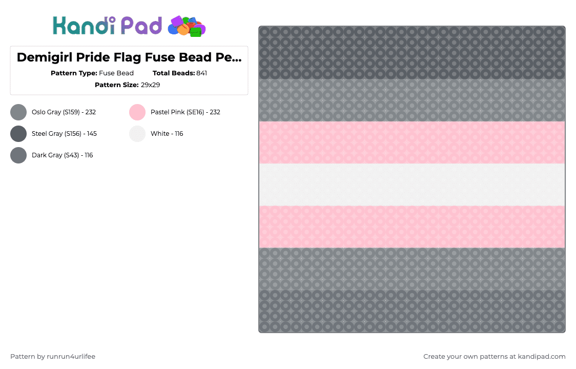 Demigirl Pride Flag Fuse Bead Perler Pattern - Fuse Bead Pattern by runrun4urlifee on Kandi Pad - gray,pink,demi girl,demigirl,pride,lgbt,lgbtq,lgbtqia,perler pattern