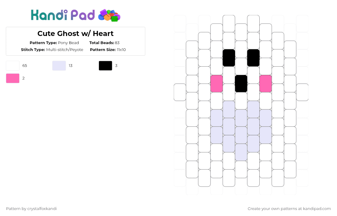 Cute Ghost w/Heart 2/4 - Pony Bead Pattern by crystalfoxkandi on Kandi Pad - ghost,charm,spirit,face,character,series,holiday,spooky,halloween,white,cute,heart