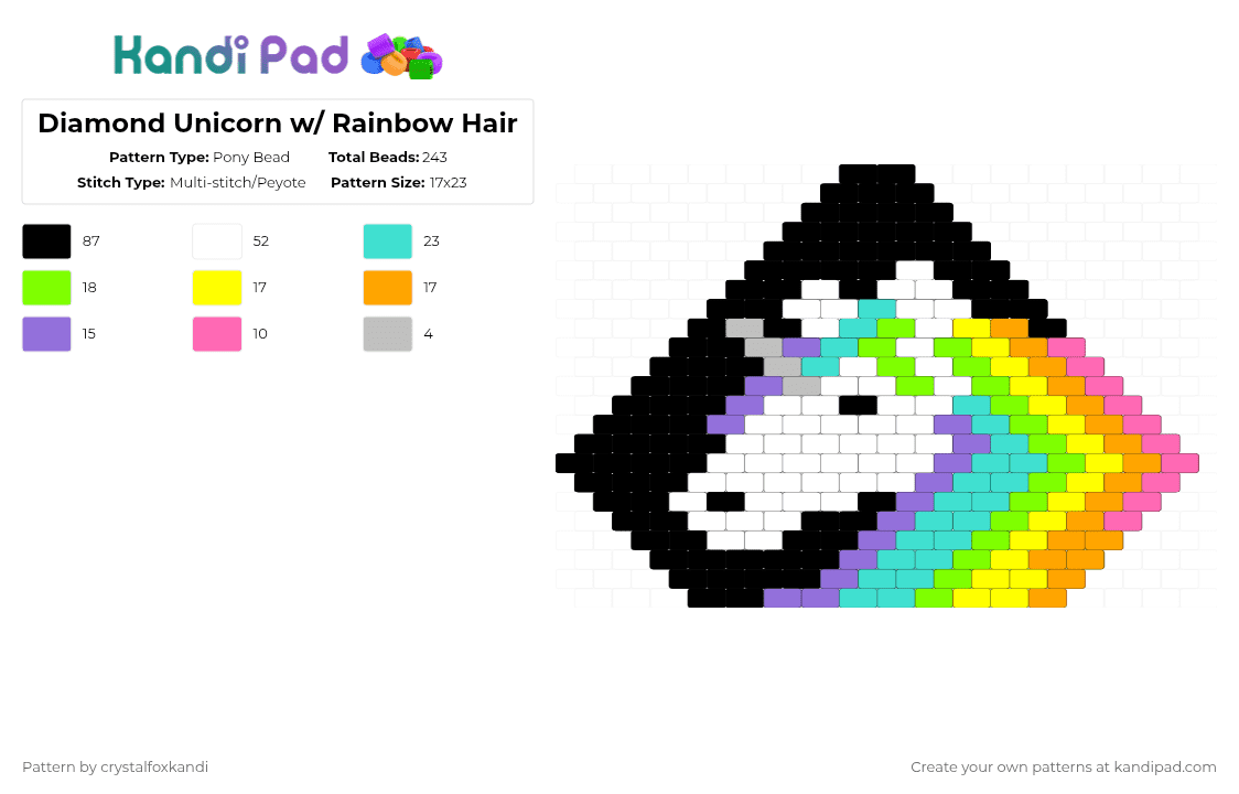 Diamond Unicorn w/ Rainbow Hair - Pony Bead Pattern by crystalfoxkandi on Kandi Pad - unicorn,diamond,animal,mythical,light blue,yellow,purple,colorful