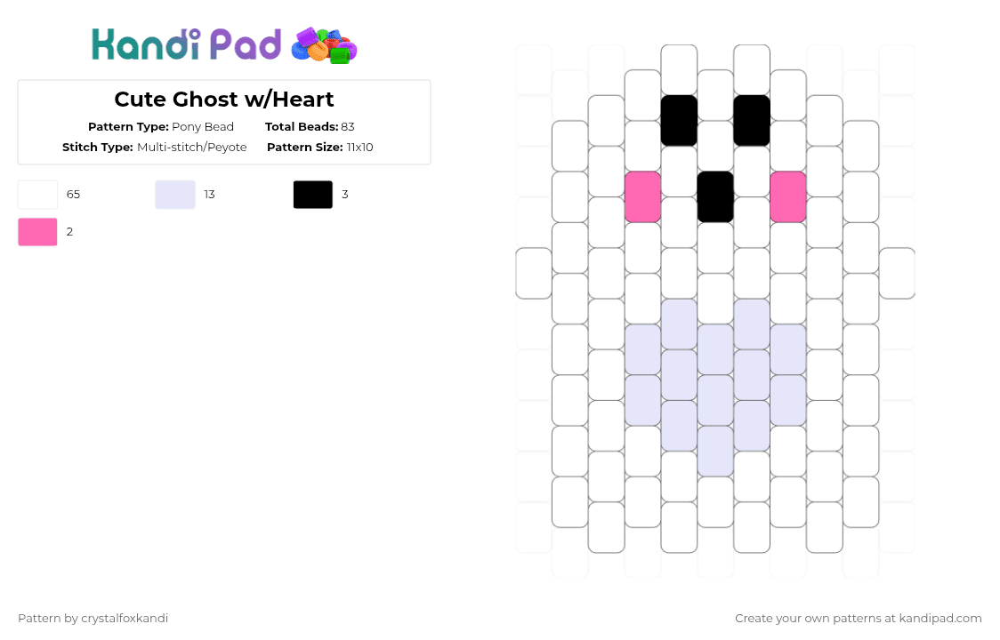 Cute Ghost w/Heart 1/4 - Pony Bead Pattern by crystalfoxkandi on Kandi Pad - white,halloween,ghost,cute,heart