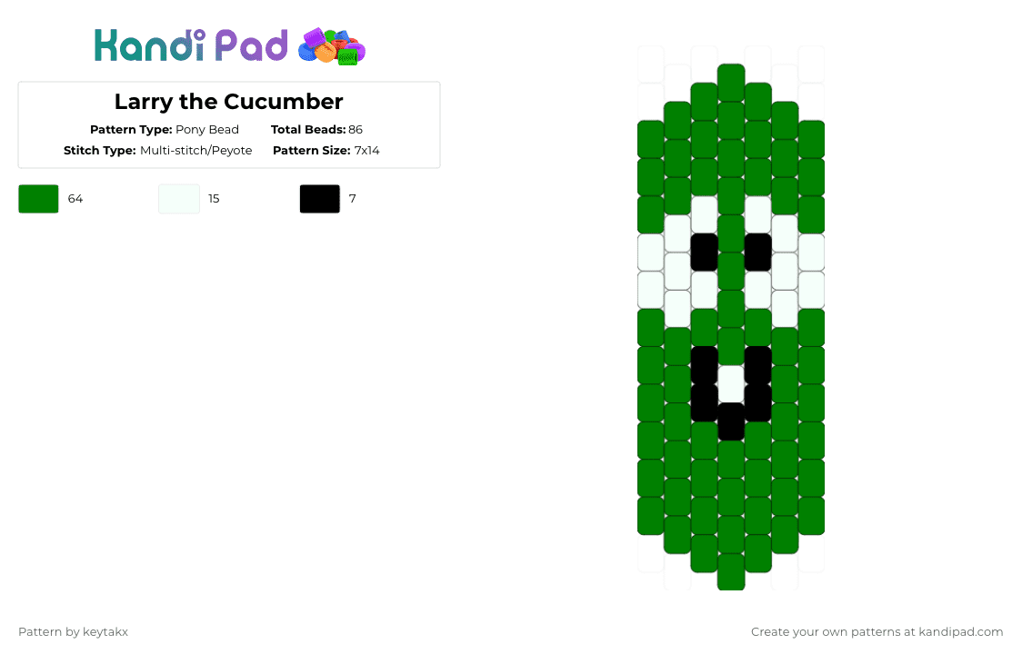 Larry the Cucumber - Pony Bead Pattern by keytakx on Kandi Pad - larry,cucumber,veggie tales,character,animation,charm,cartoon,vegetable,cousin,tv show,food,green