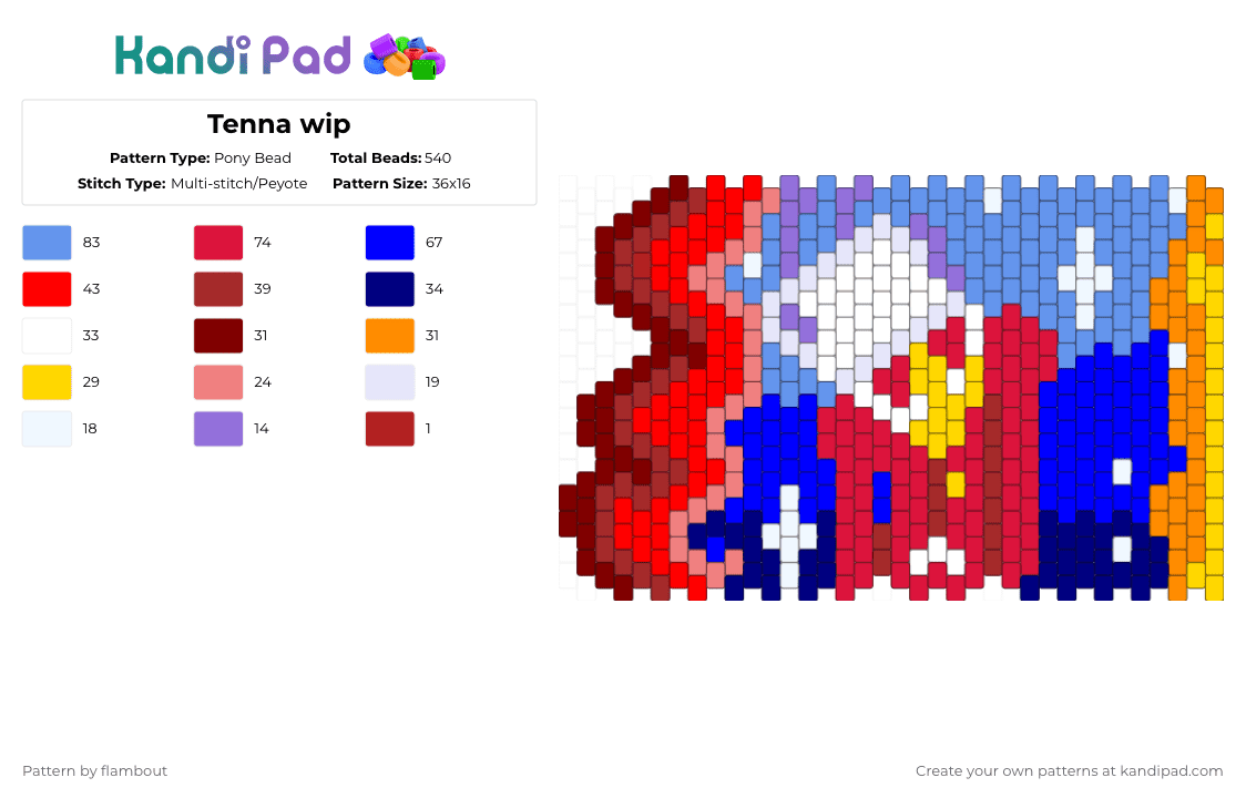Tenna wip - Pony Bead Pattern by flambout on Kandi Pad - red,purple,light blue