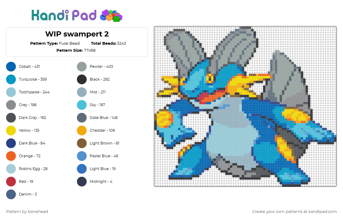 Swampert 2 - Fuse Bead Pattern by bonehead on Kandi Pad - gray,blue,light blue,pokemon,swampert