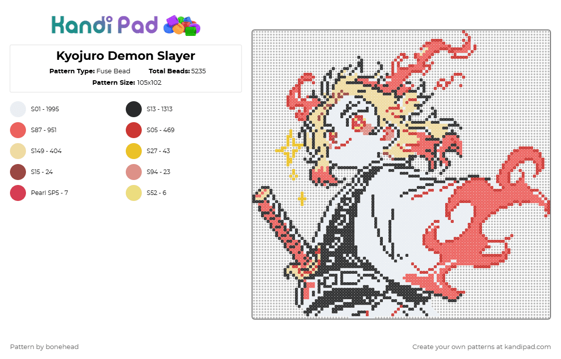 Kyojuro Demon Slayer - Fuse Bead Pattern by bonehead on Kandi Pad - white,red,demon slayer,demonslayer,kyojuro