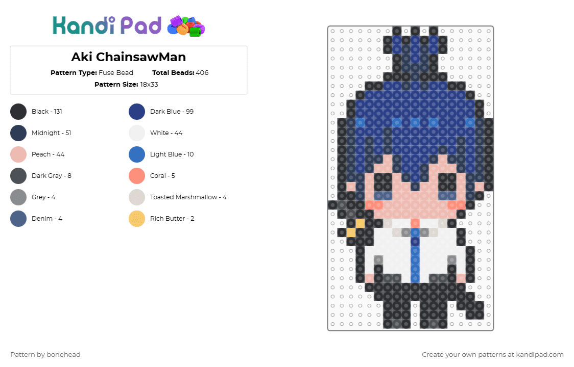 Aki Chainsaw Man Chibi - Fuse Bead Pattern by bonehead on Kandi Pad - beige,blue,purple,aki,chainsawman,chainsaw,man,pochita