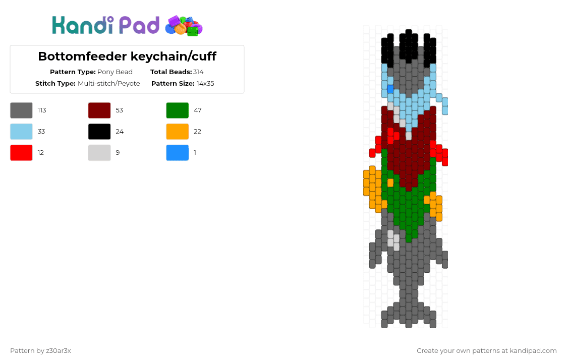 Bottomfeeder keychain/cuff - Pony Bead Pattern by deleted_user_549124 on Kandi Pad - gray,brown,green,pressure,bottomfeeder,roblox