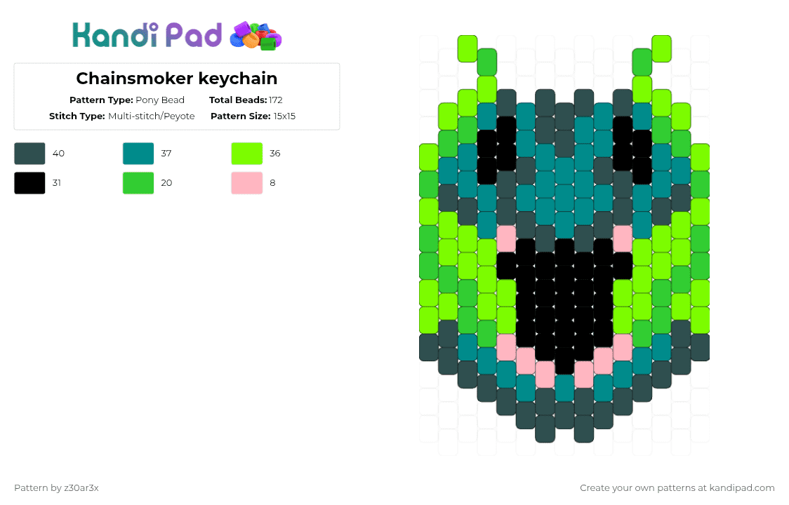Chainsmoker keychain - Pony Bead Pattern by deleted_user_549124 on Kandi Pad - teal,gray,green,chainsmoker,roblox,pressure,node monster,angler