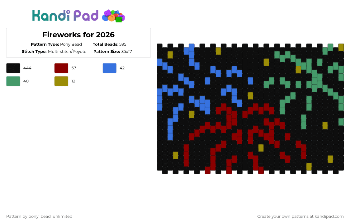 Fireworks for 2026 - Pony Bead Pattern by pony_bead_unlimited on Kandi Pad - black,blue,red,green,cotdnewyears2025,fireworks,sky,pretty