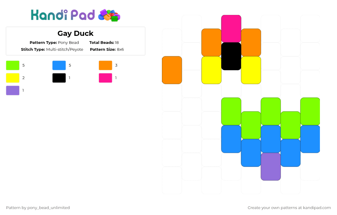 Gay Duck - Pony Bead Pattern by pony_bead_unlimited on Kandi Pad - orange,green,light blue,duck,pride,rainbow