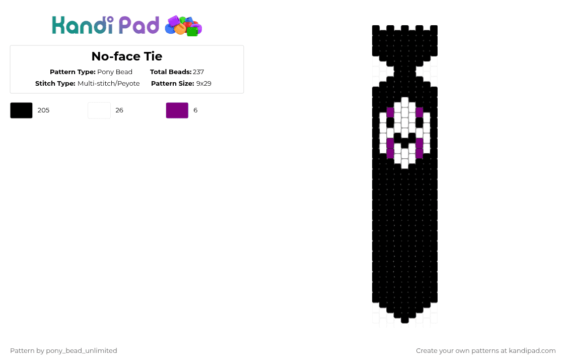 No-face Tie - Pony Bead Pattern by pony_bead_unlimited on Kandi Pad - black,white,spirited away,noface,tie