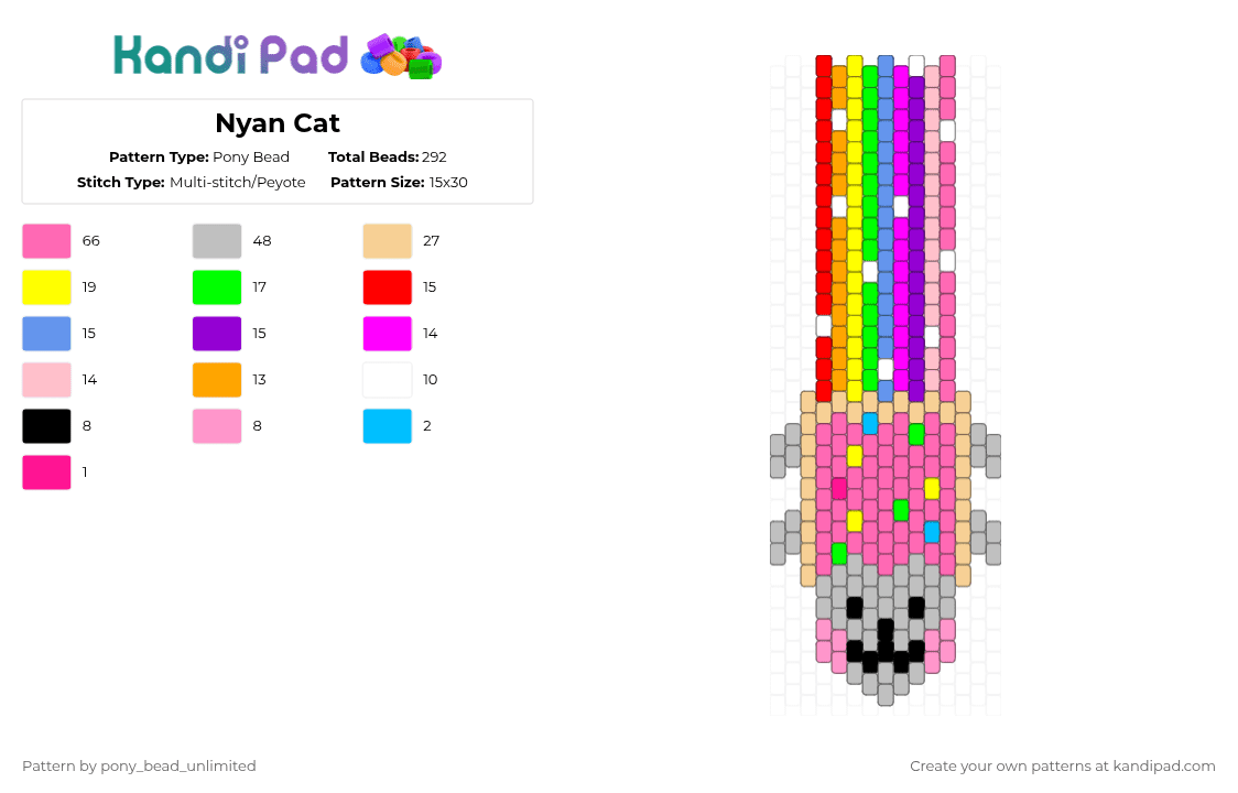 Nyan Cat - Pony Bead Pattern by pony_bead_unlimited on Kandi Pad - pink,beige,nyancat,tie,rainbow