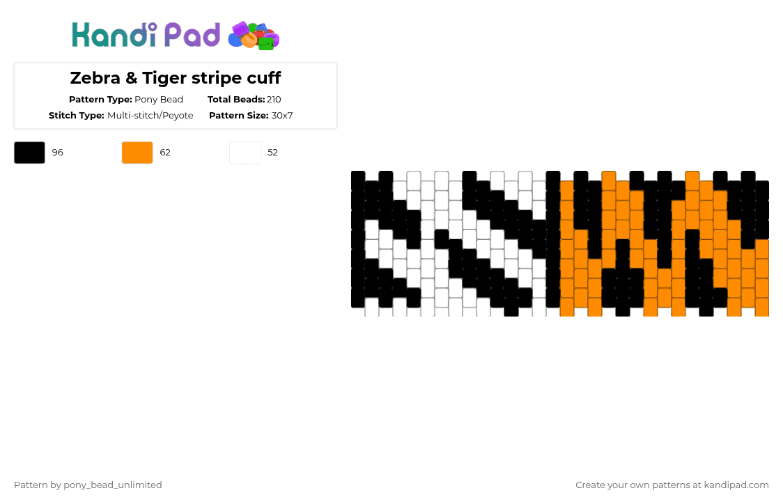 Zebra & Tiger stripe cuff - Pony Bead Pattern by pony_bead_unlimited on Kandi Pad - white,orange,cotdstripes