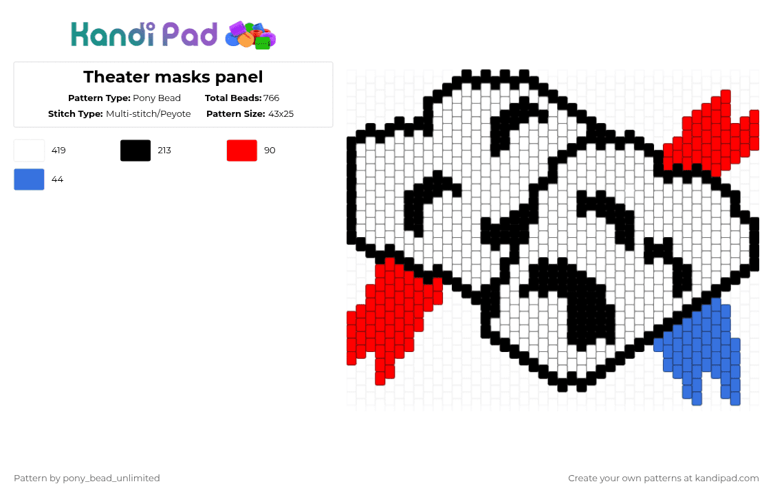 Theater masks panel - Pony Bead Pattern by pony_bead_unlimited on Kandi Pad - white,red,blue,cotdtheatre,theater,masks,panel