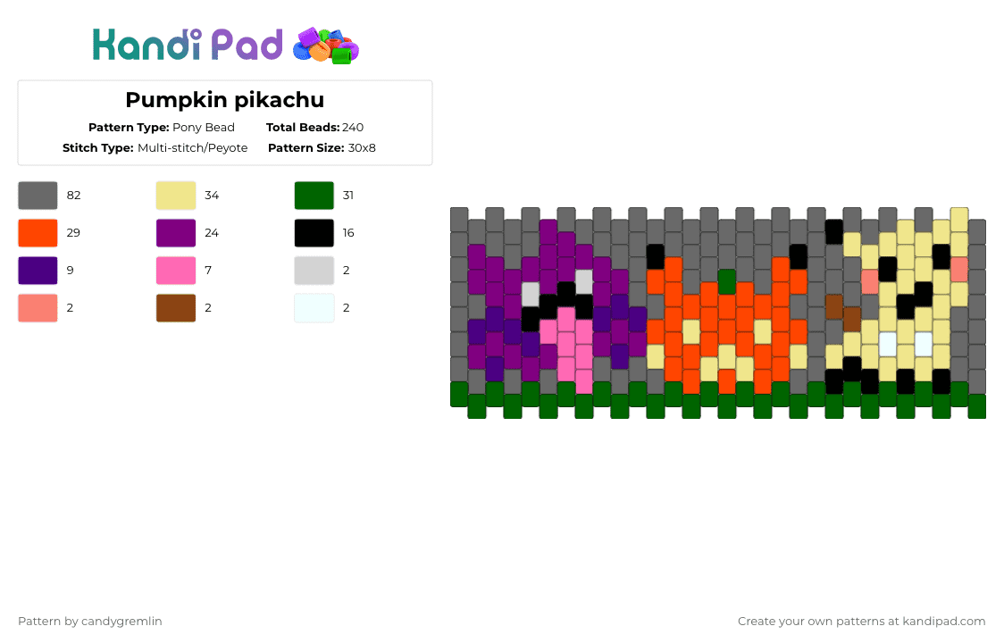 Pumpkin pikachu - Pony Bead Pattern by candygremlin on Kandi Pad - gray,yellow,green,colorful,pokemon,halloween