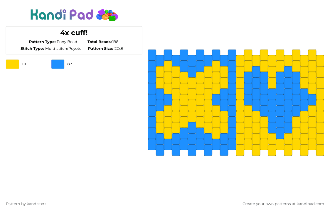 4x cuff! - Pony Bead Pattern by kandistxrz on Kandi Pad - yellow,light blue