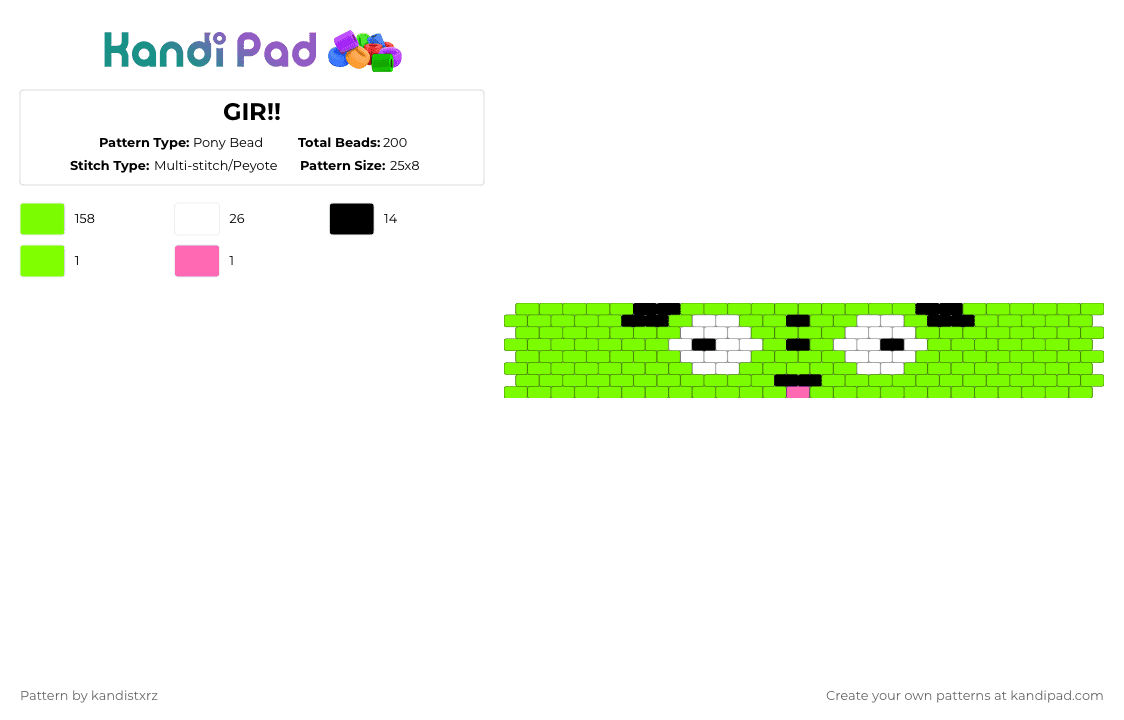 GIR!! - Pony Bead Pattern by kandistxrz on Kandi Pad - gir,invader zim,cuff,cartoon,tv show,green