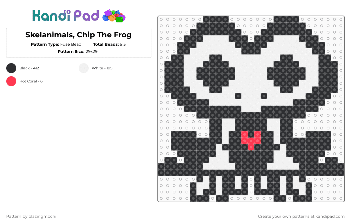 Skelanimals, Chip The Frog - Fuse Bead Pattern by blazingmochi on Kandi Pad - black,white,skeleton,frog,spooky,cute