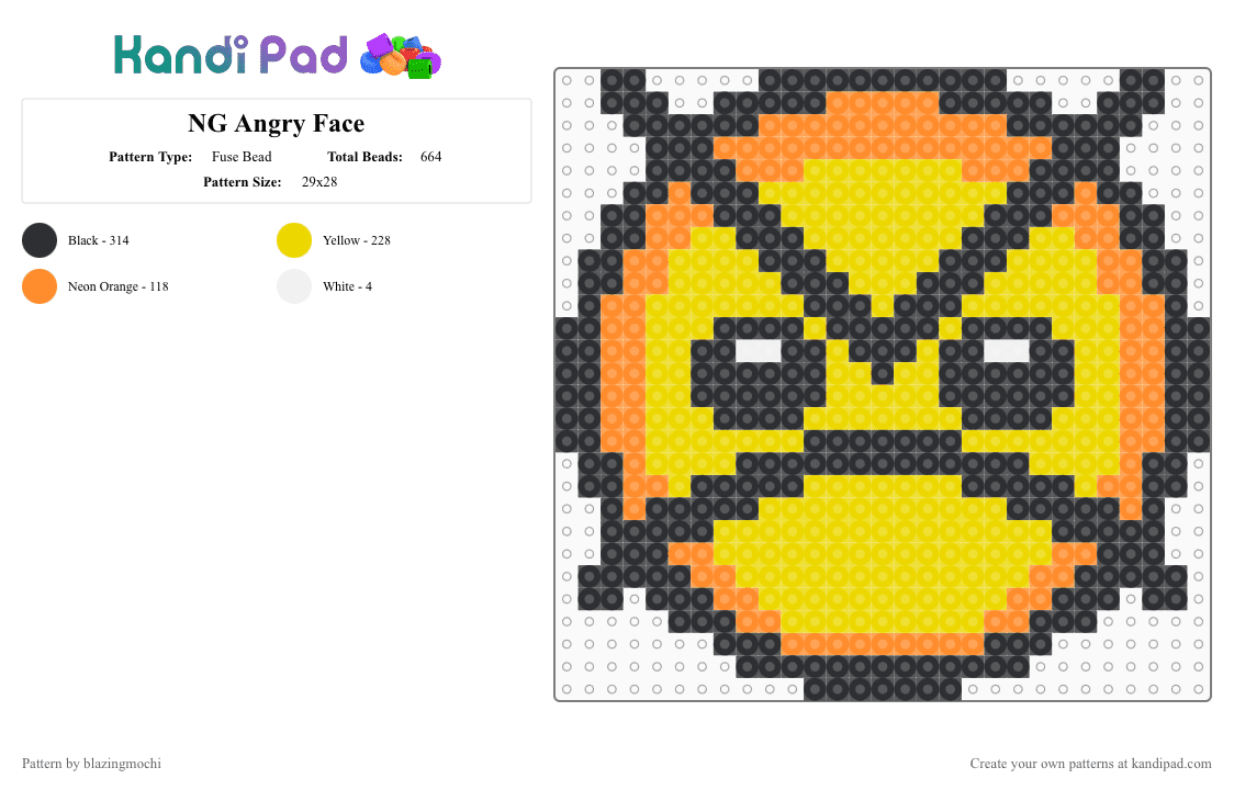 NG Angry Face - Fuse Bead Pattern by blazingmochi on Kandi Pad - emoji,smiley,angry,face,frown,orange,yellow,newgrounds,emoticon