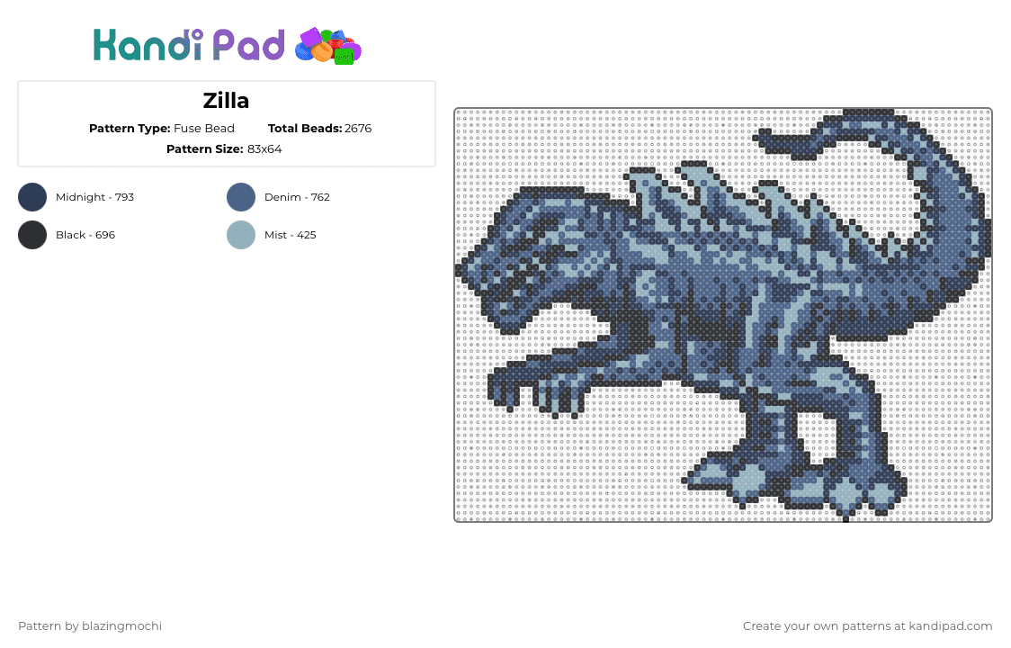 Zilla - Fuse Bead Pattern by blazingmochi on Kandi Pad - purple,blue,godzilla,video games,fnf