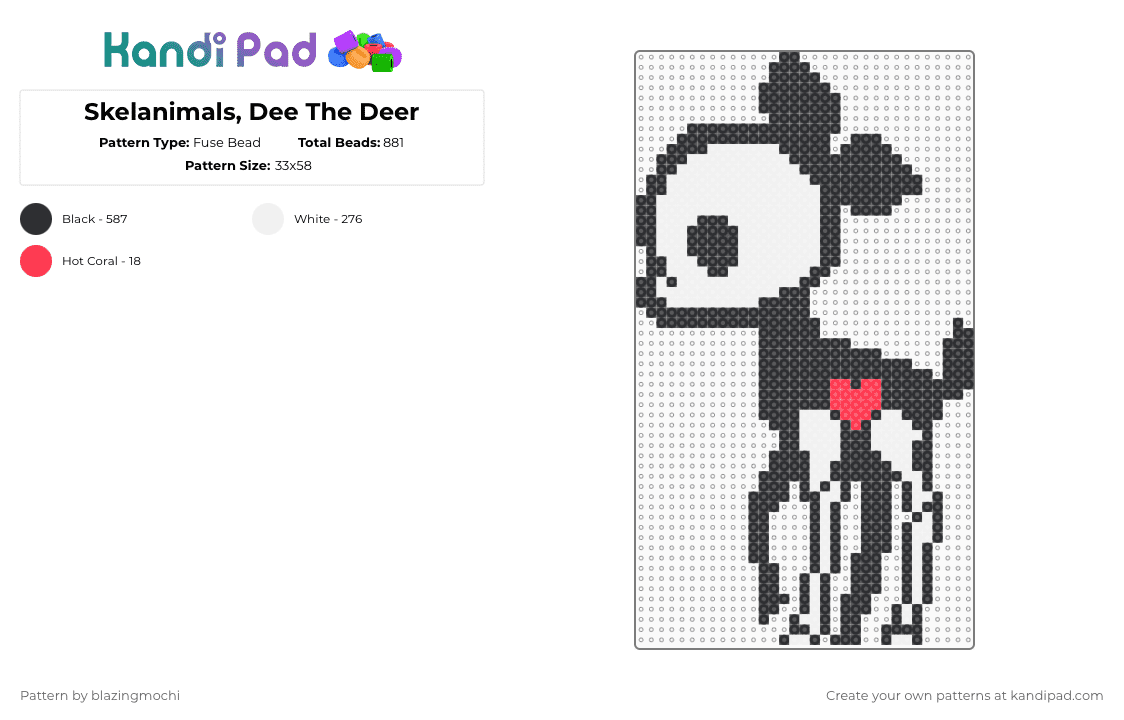 Skelanimals, Dee The Deer - Fuse Bead Pattern by blazingmochi on Kandi Pad - black,white,skeleton,deer,spooky,cute