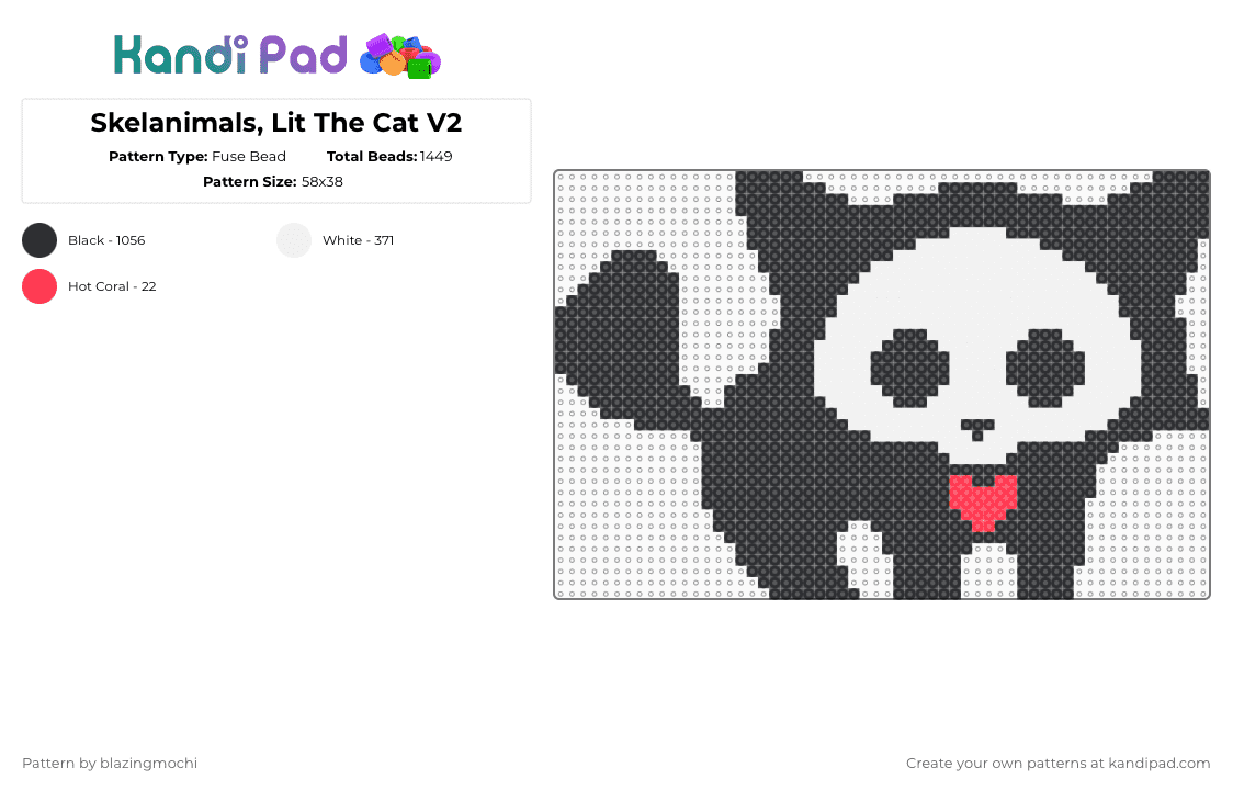 Skelanimals, Kit The Cat V2 - Fuse Bead Pattern by blazingmochi on Kandi Pad - black,white,skeleton,cat,spooky,cute