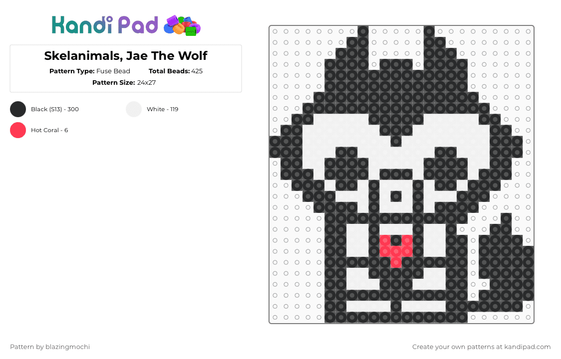 Skelanimals, Jae The Wolf - Fuse Bead Pattern by blazingmochi on Kandi Pad - black,white,skeleton,wolf,spooky,cute