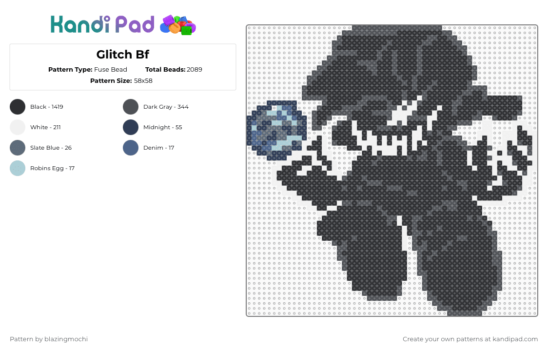 Glitch Bf - Fuse Bead Pattern by blazingmochi on Kandi Pad - black,gray,video game,fnf