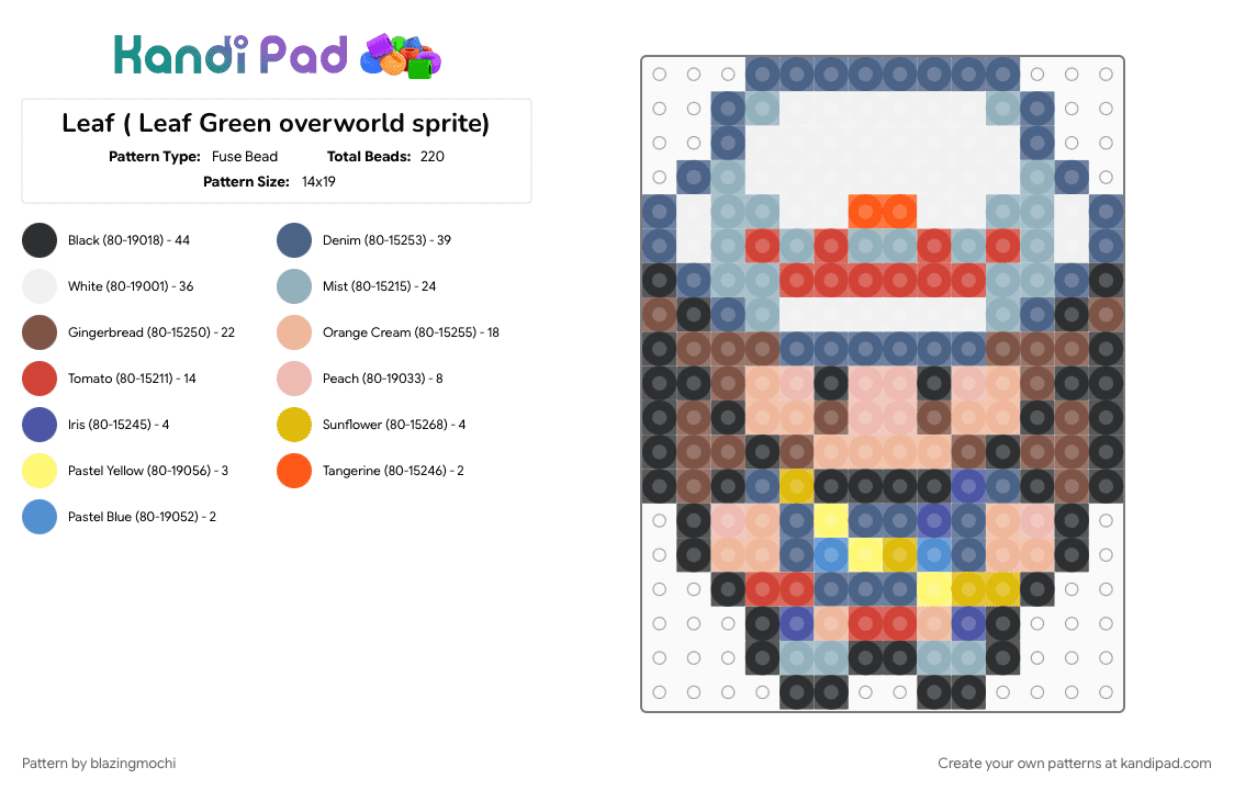 Leaf - Fuse Bead Pattern by blazingmochi on Kandi Pad - beige, blue, light blue, pokemon, pokemon trainer, tan, video game