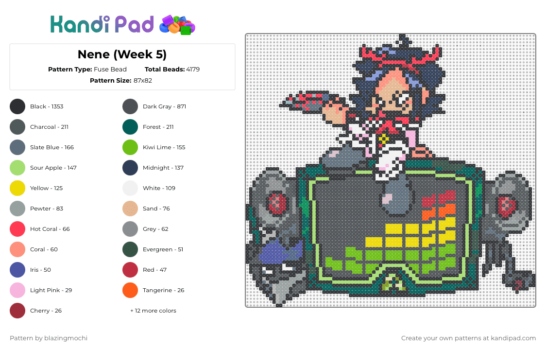 Nene (Week 5) - Fuse Bead Pattern by blazingmochi on Kandi Pad - gray,green,pink,purple,fnf,video games