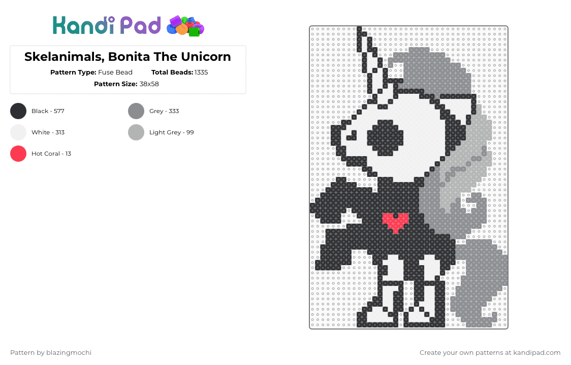 Skelanimals, Bonita The Unicorn - Fuse Bead Pattern by blazingmochi on Kandi Pad - gray,skeleton,unicorn,spooky,cute