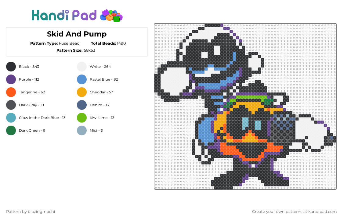 Skid And Pump - Fuse Bead Pattern by blazingmochi on Kandi Pad - black,white,light blue,purple,orange,colorful,spooky month,fnf,video games