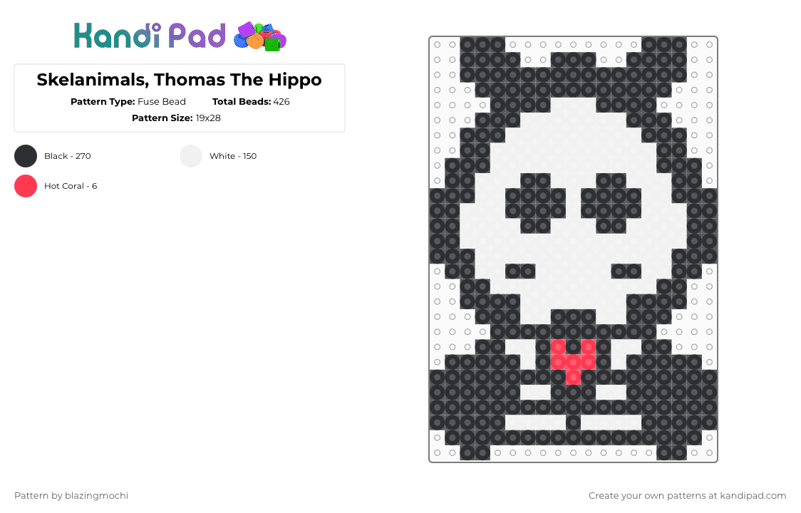 Skelanimals, Thomas The Hippo - Fuse Bead Pattern by blazingmochi on Kandi Pad - black,white,skeleton,hippo,spooky,cute