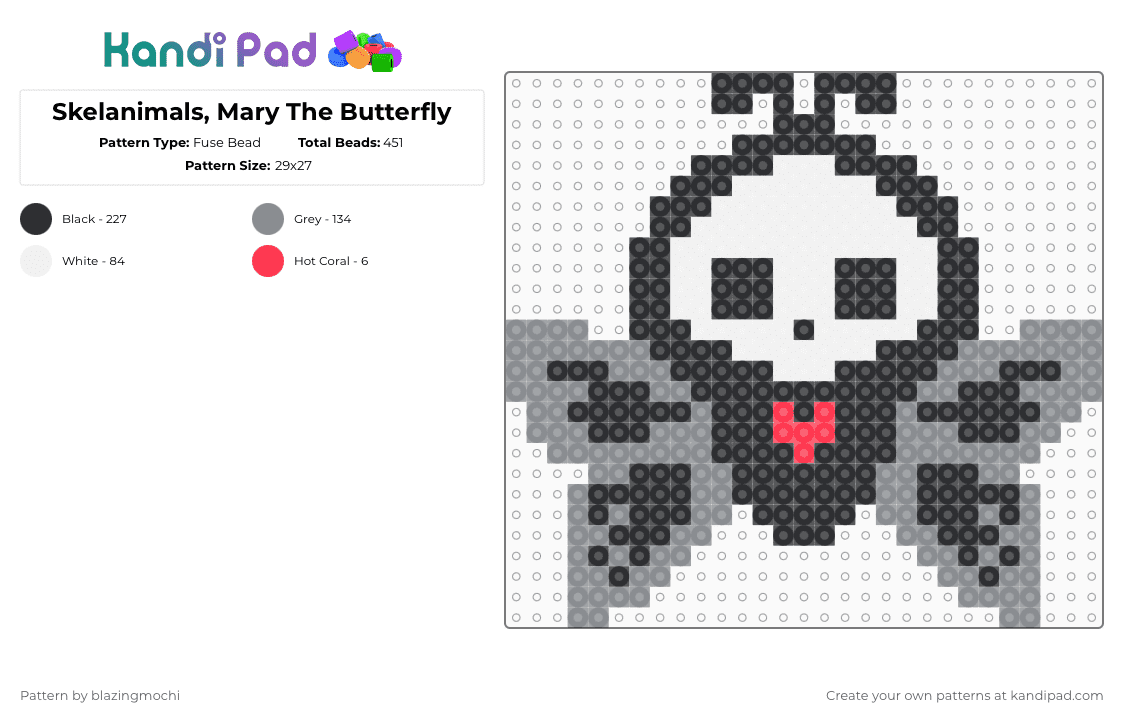 Skelanimals, Mary The Butterfly - Fuse Bead Pattern by blazingmochi on Kandi Pad - gray,skeleton,butterfly,spooky,cute