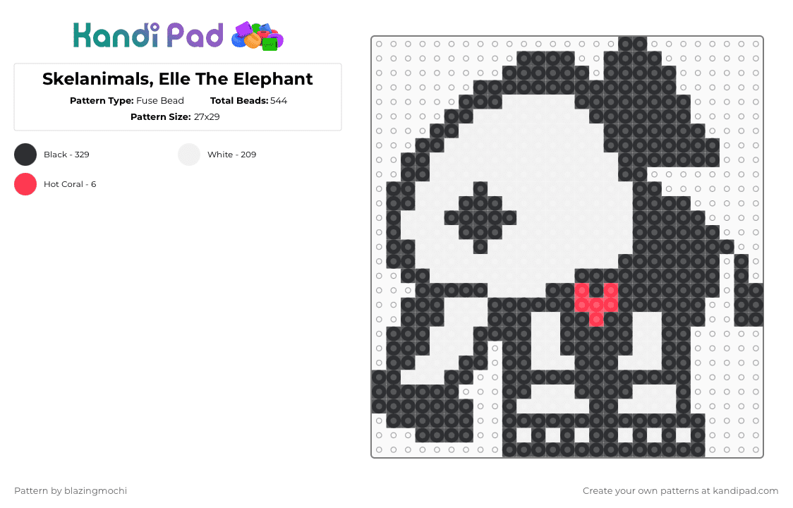 Skelanimals, Elle The Elephant - Fuse Bead Pattern by blazingmochi on Kandi Pad - skeleton,elephant,spooky,cute