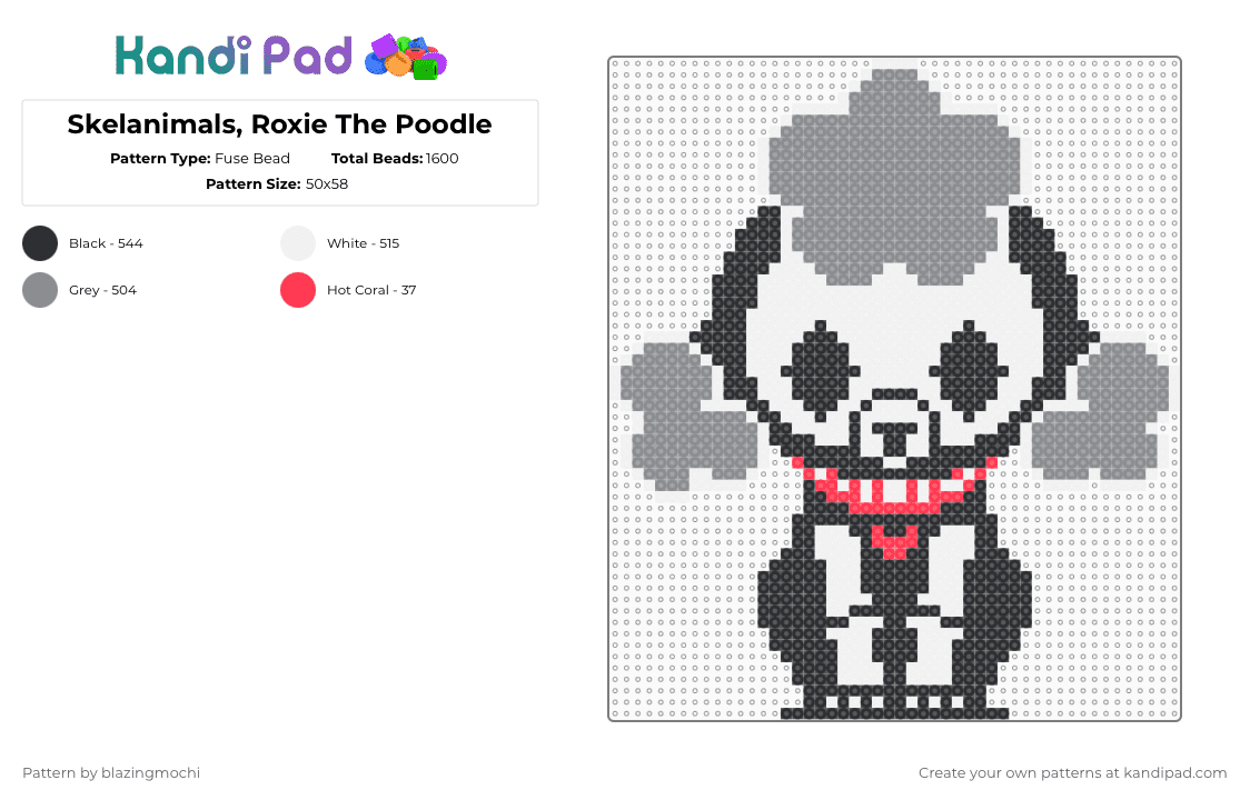 Skelanimals, Roxie The Poodle - Fuse Bead Pattern by blazingmochi on Kandi Pad - gray,skeleton,poodle,spooky,cute