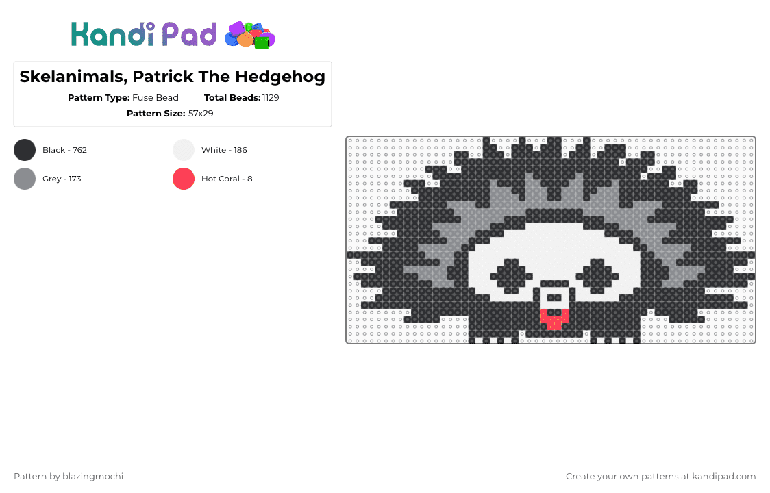 Skelanimals, Patrick The Hedgehog - Fuse Bead Pattern by blazingmochi on Kandi Pad - black,gray,skeleton,hedgehog,spooky,cute