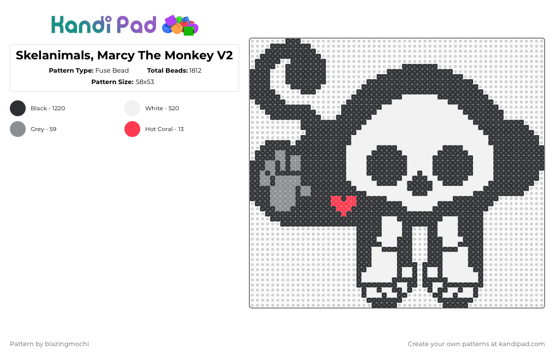 Skelanimals, Marcy The Monkey V2 - Fuse Bead Pattern by blazingmochi on Kandi Pad - black,white,gray,skeleton,monkey,spooky,cute