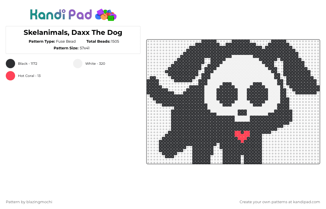Skelanimals, Dax The Dog V2 - Fuse Bead Pattern by blazingmochi on Kandi Pad - black,white,skeleton,dog,spooky,cute