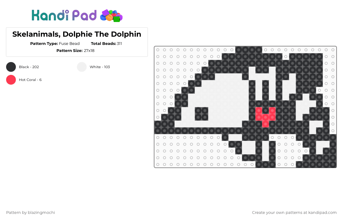 Skelanimals, Dolphie The Dolphin - Fuse Bead Pattern by blazingmochi on Kandi Pad - black,white,skeleton,dolphin,spooky,cute