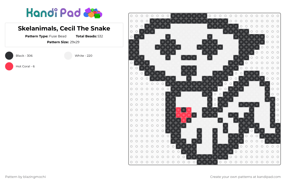 Skelanimals, Cecil The Snake - Fuse Bead Pattern by blazingmochi on Kandi Pad - white,skeleton,snake,spooky,cute