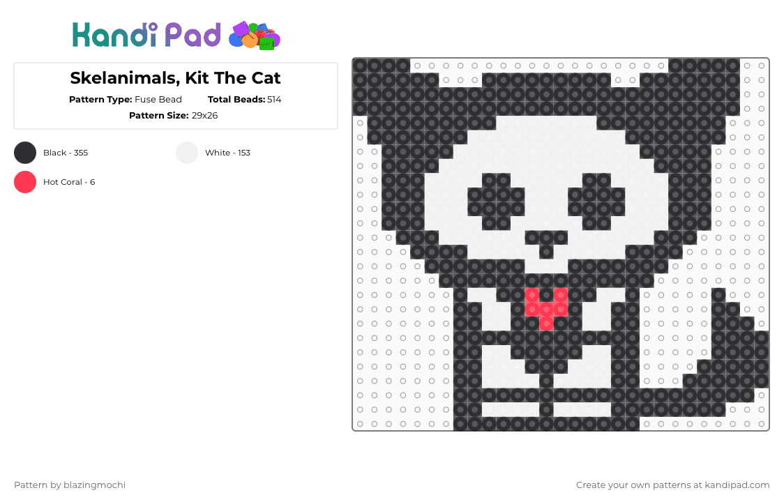 Skelanimals, Kit The Cat - Fuse Bead Pattern by blazingmochi on Kandi Pad - black,white,skeleton,cat,spooky,cute