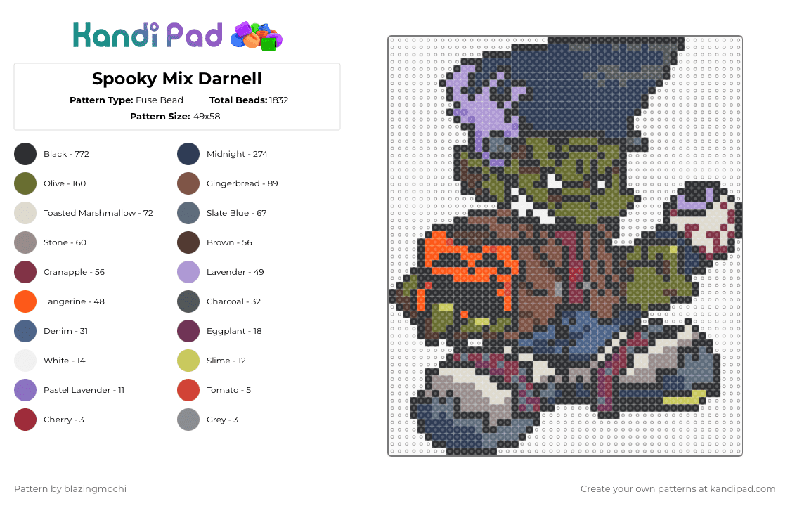 Spooky Mix Darnell - Fuse Bead Pattern by blazingmochi on Kandi Pad - black,purple,gray,brown,tan,colorful,video games,fnf,spooky