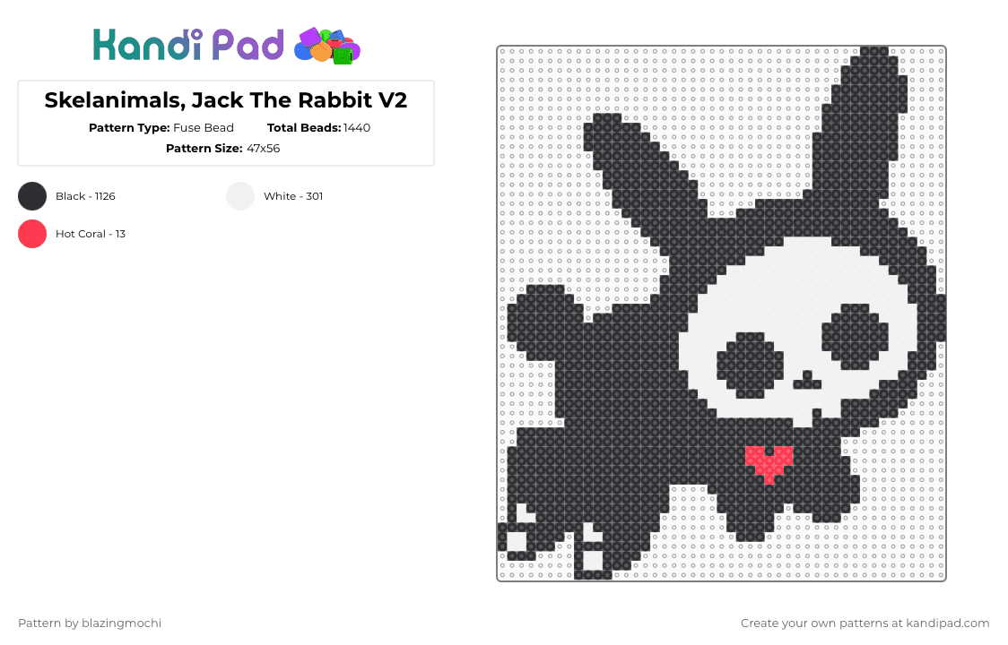 Skelanimals, Jack The Rabbit V2 - Fuse Bead Pattern by blazingmochi on Kandi Pad - black,white,skeleton,rabbit,spooky,cute